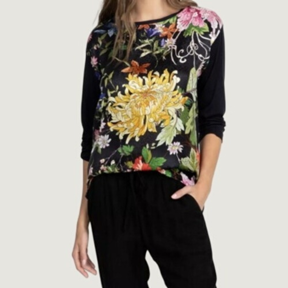 Johnny Was Women's Cashmere Silk Pullover Sweatshirt Black Floral Print Small